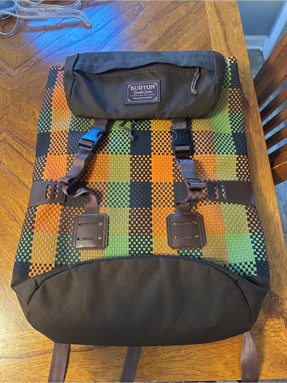 Burton Checker Roll-Top Backpack in Green, Orange & Black